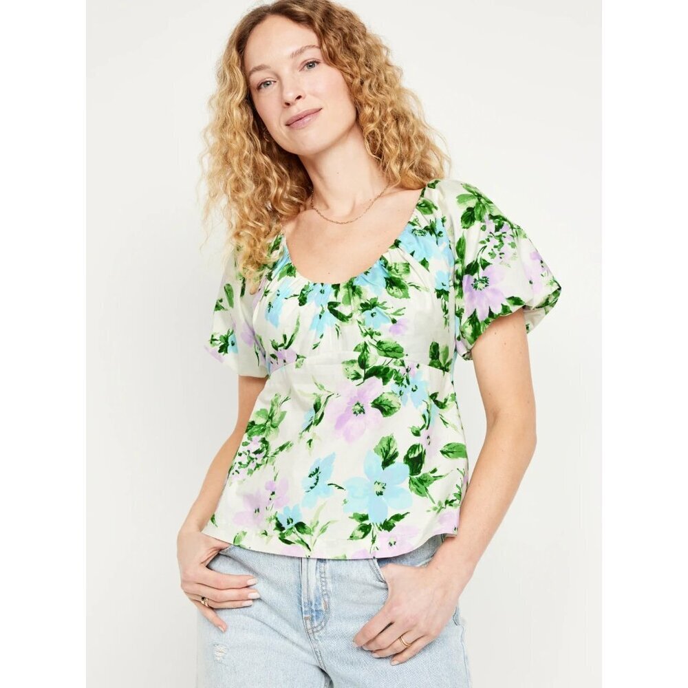 Old Navy Waist Defined V-neck Blouse Womens XS Puff-Sleeve Smocked Floral White